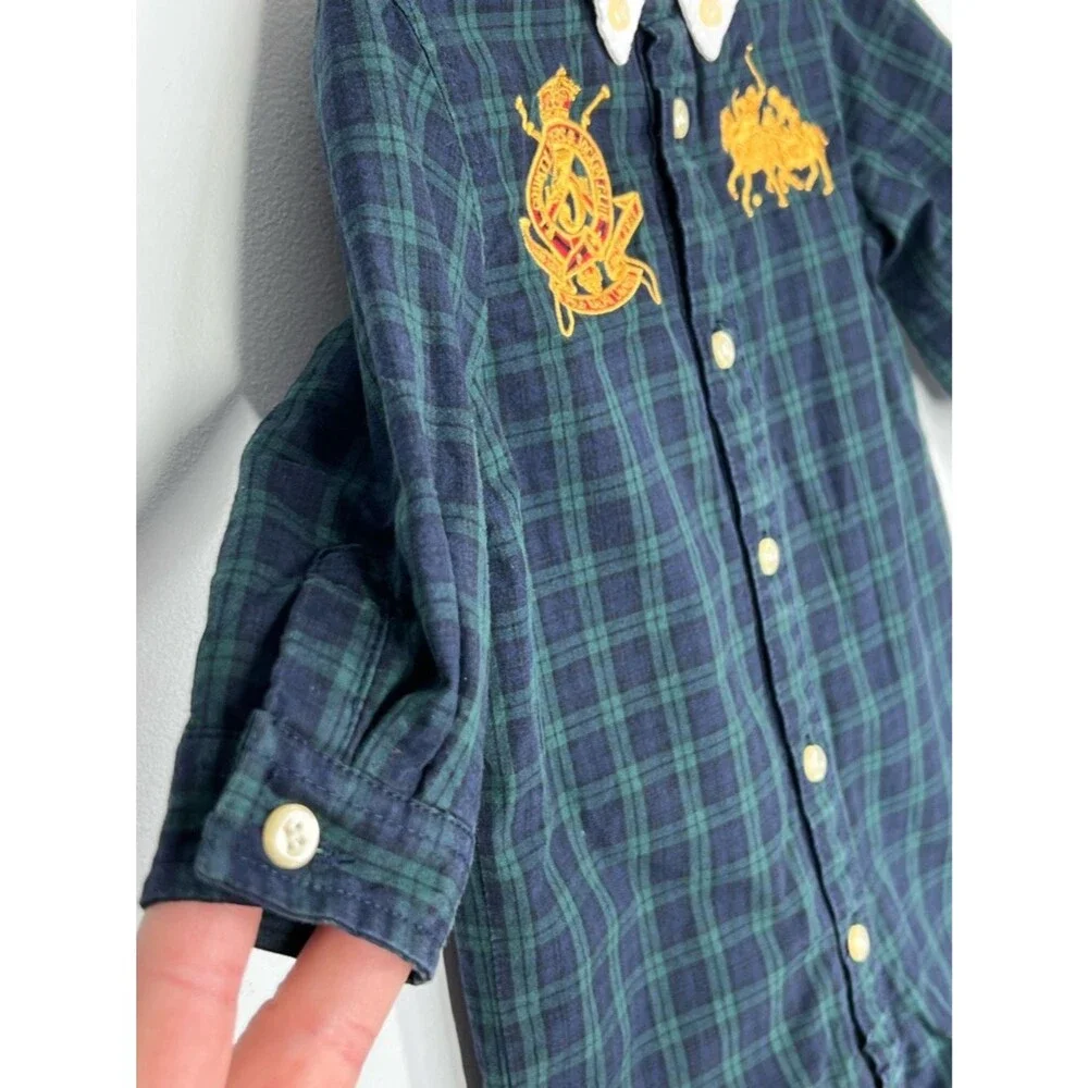 Ralph Lauren Plaid Embroidered Crest Jockey Club Polo Button Up One Piece 3M